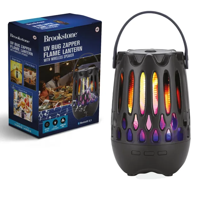 brookstone-uv-bug-zapper-flame-lantern-with-wireless-speaker-3-in-1-outdoor-indo image 1