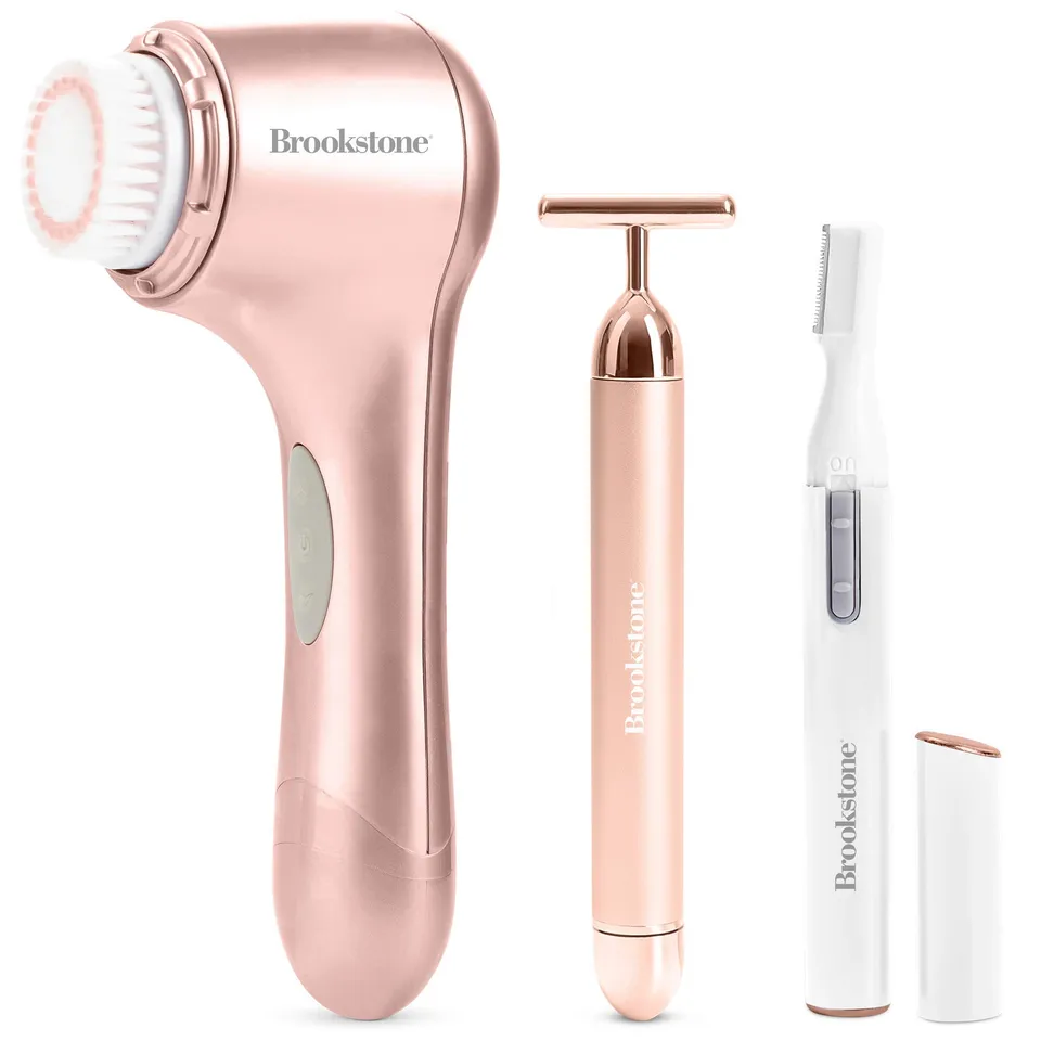 brookstone-3-in-1-rose-gold-facial-skin-care-set-with-cleansing-brush-t-bar-mass image 1