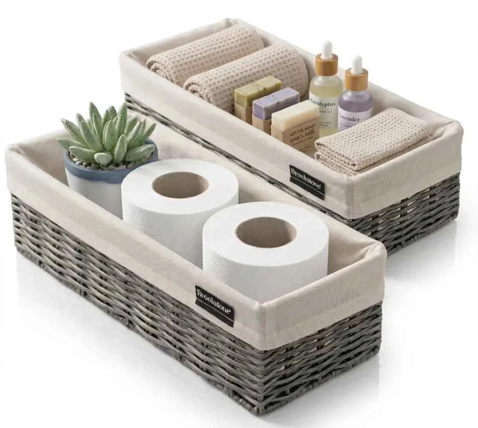 brookstone-over-the-toilet-tank-wicker-storage-basket-set-2-pack-grey-with-fabri image 1