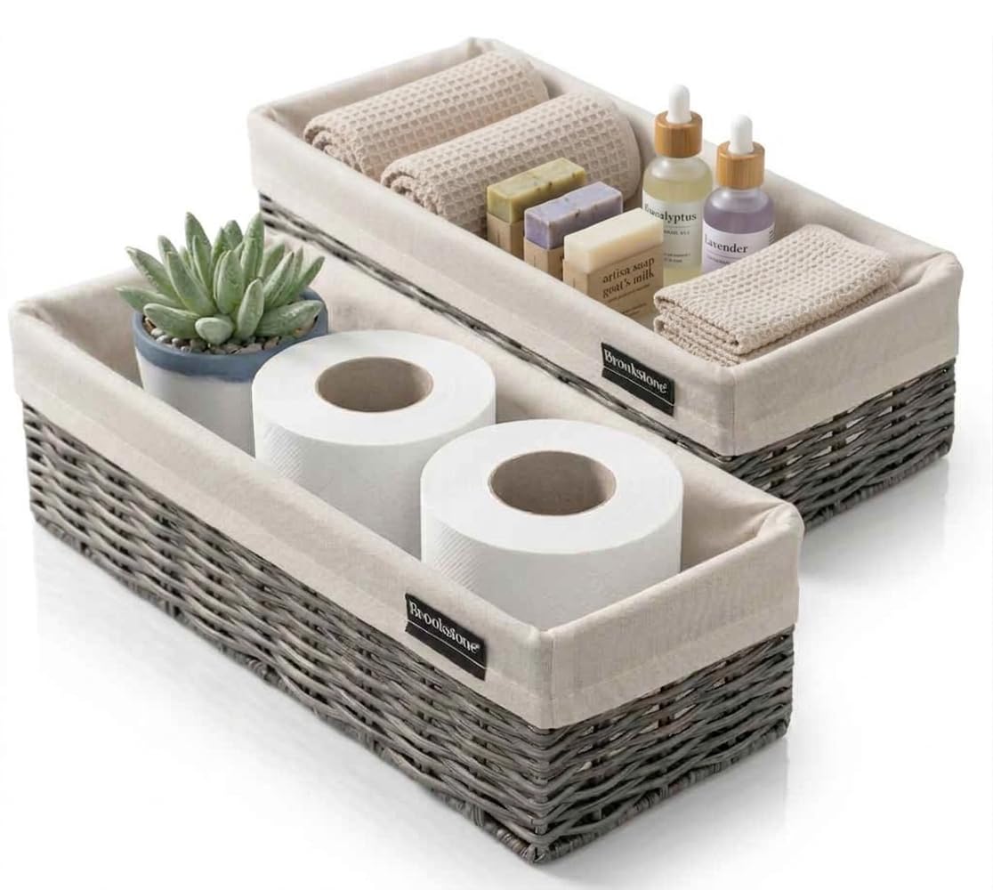 brookstone-over-the-toilet-tank-wicker-storage-basket-set-2-pack-grey-with-fabri image 1