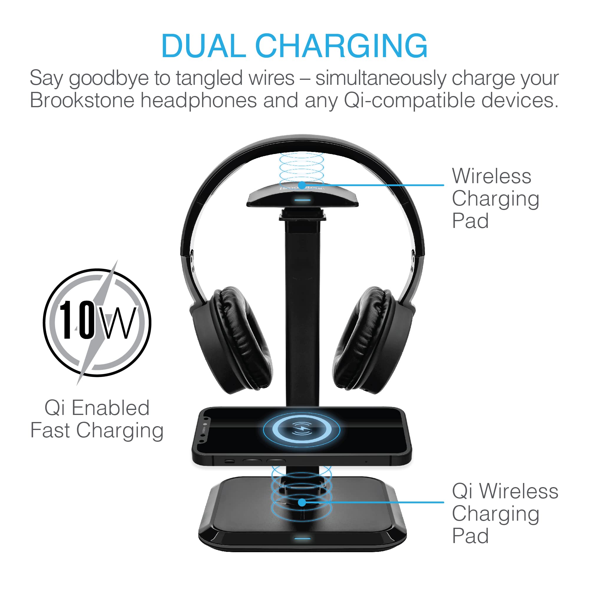 brookstone-dual-qi-charging-stand-with-wireless-bluetooth-headphones-usb-c-charg image 4