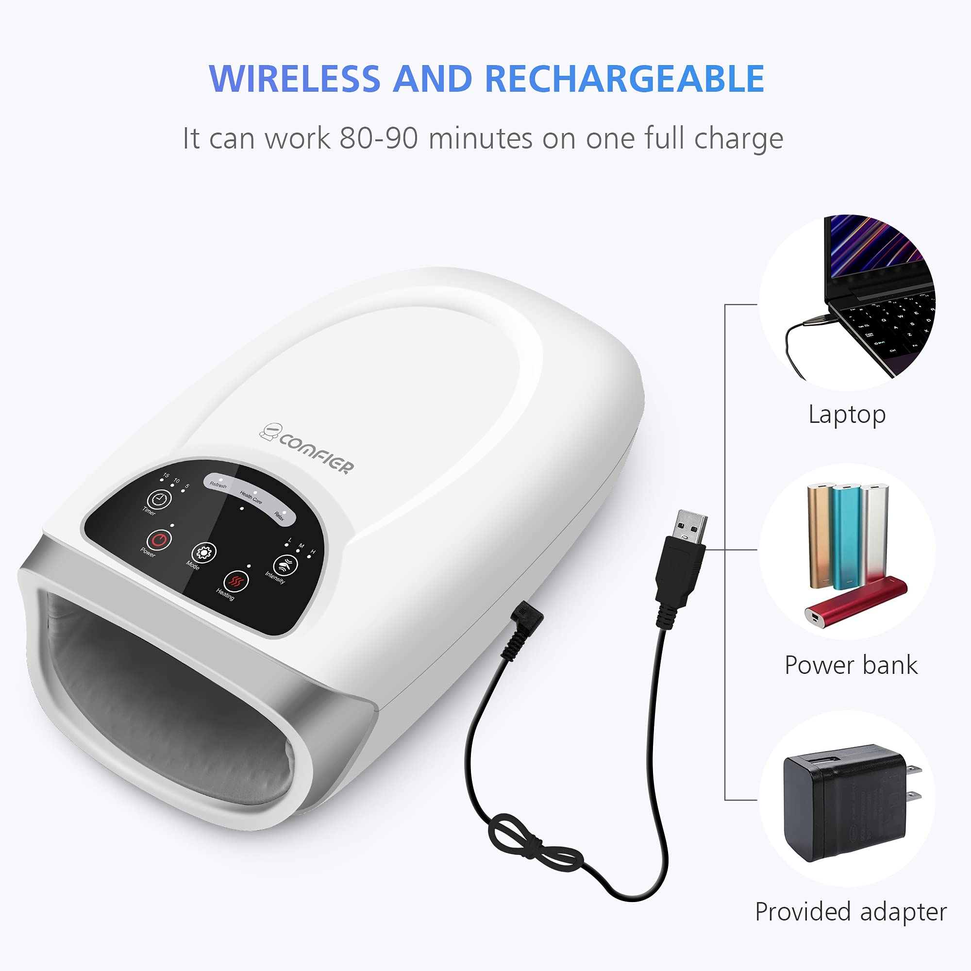 comfier-rechargeable-cordless-hand-massager-with-heat-compression-classic-white image 6