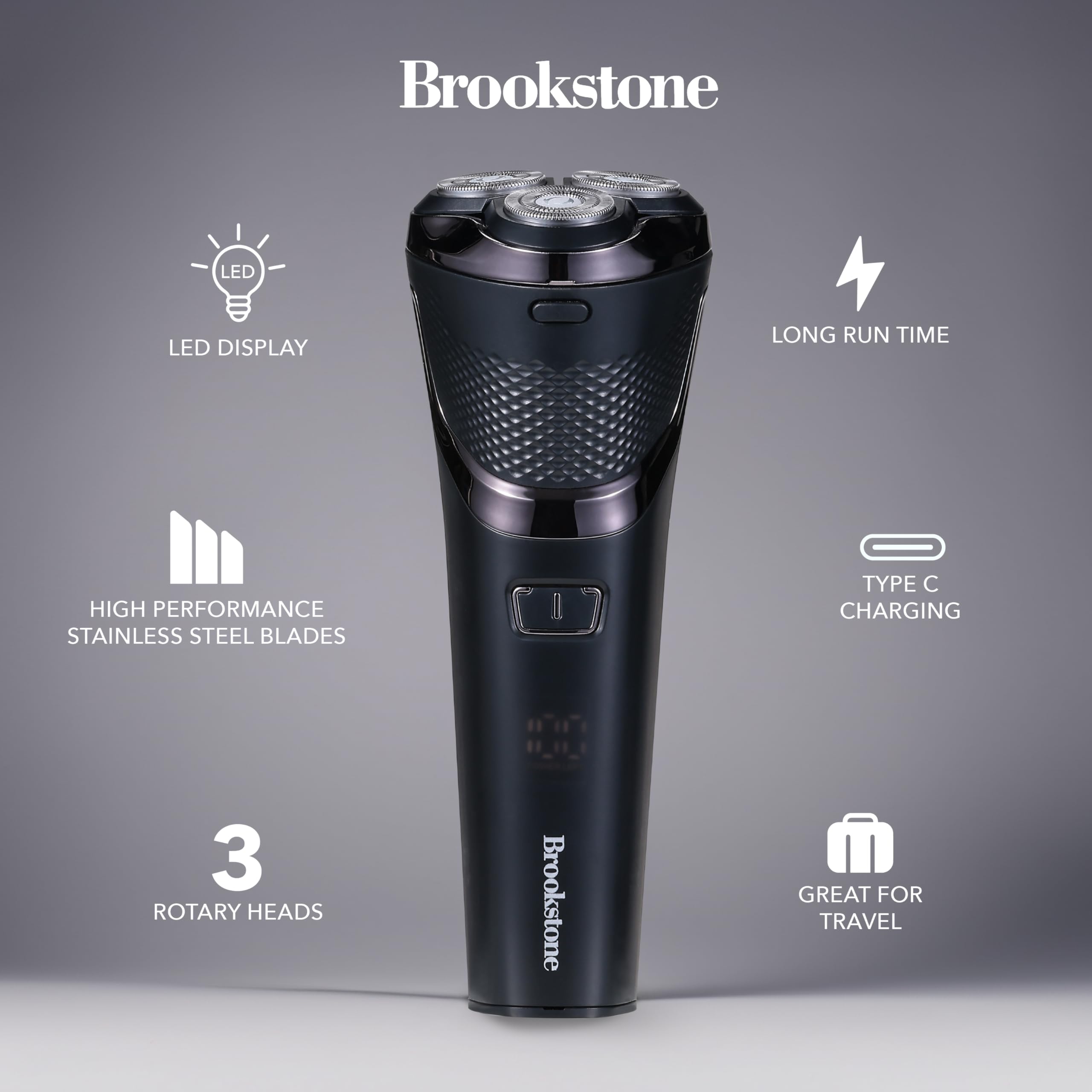 brookstone-3-head-rotary-shaver-rechargeable-t-blade-groomer-led-display-black image 2