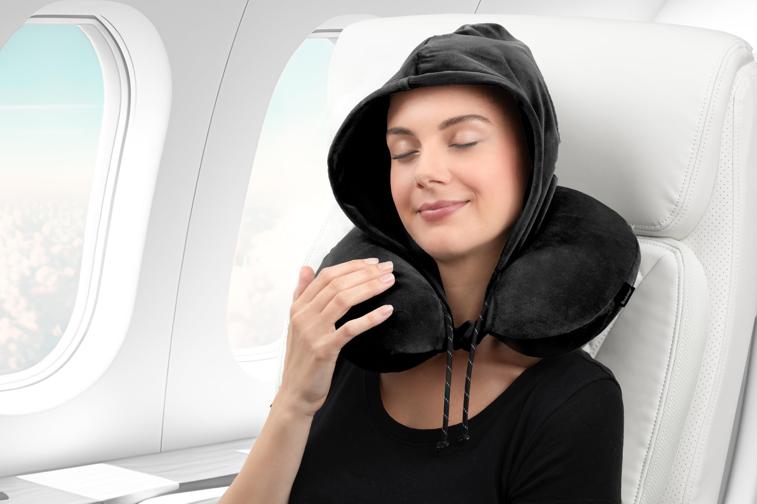 brookstone-neck-travel-pillow-u-shaped-memory-foam-hooded-neck-pillow-with-snap- image 3