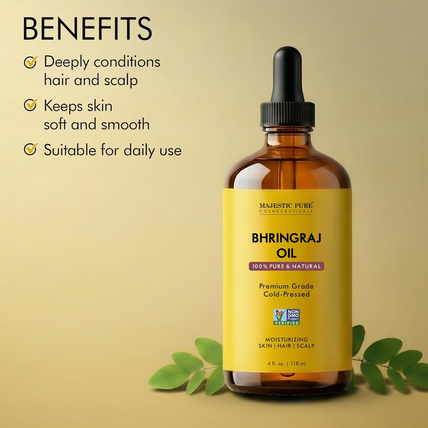 majestic-pure-bhringraj-carrier-oil-4-oz-118-ml-with-dropper-traditional-hair-gr image 2