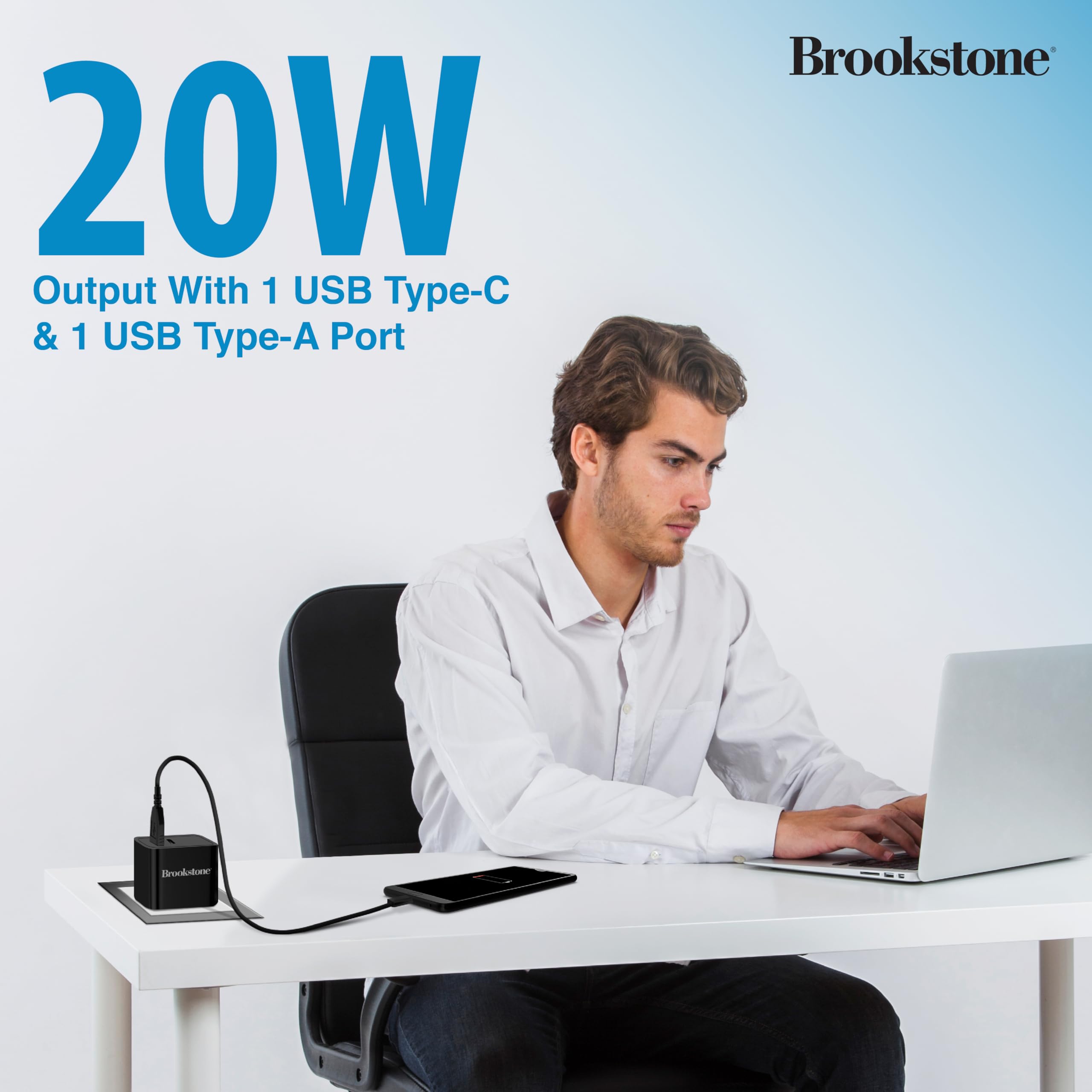 brookstone-dual-port-fast-charging-adapter-20w-usb-c-usb-a-wall-charger-for-ipho image 2