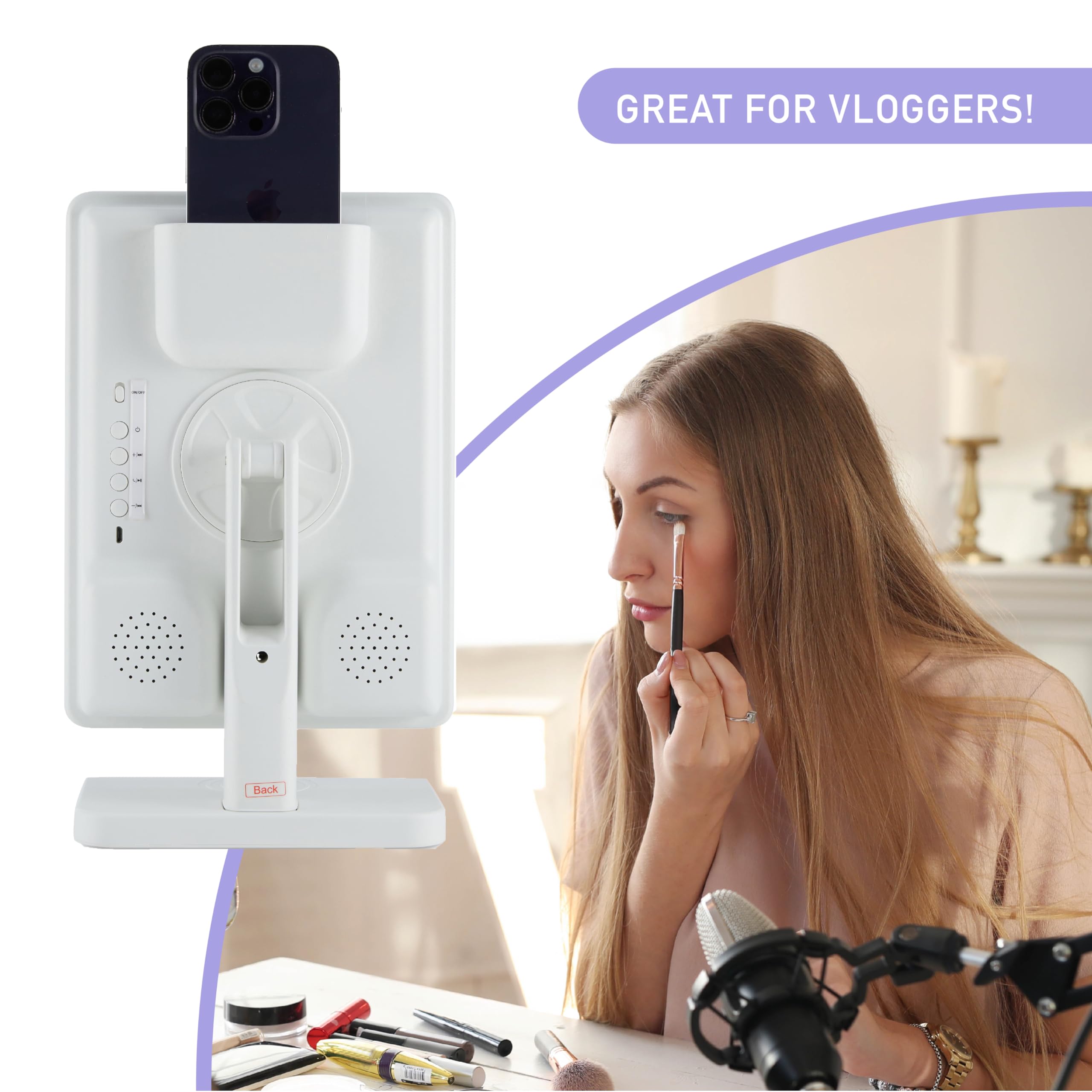 brookstone-light-up-vanity-mirror-with-bluetooth-speaker-and-makeup-organizer-ad image 3