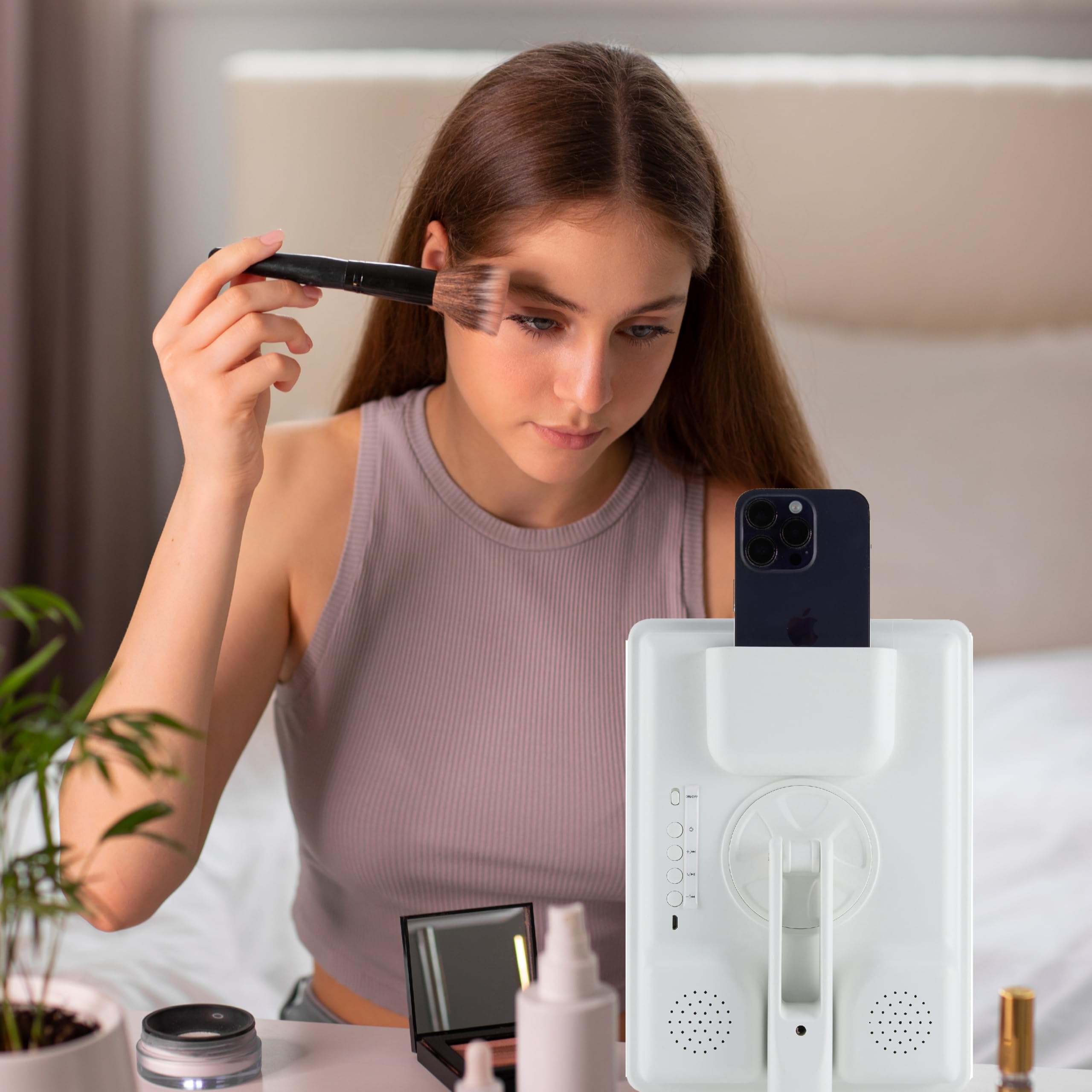brookstone-light-up-vanity-mirror-with-bluetooth-speaker-and-makeup-organizer-ad image 6
