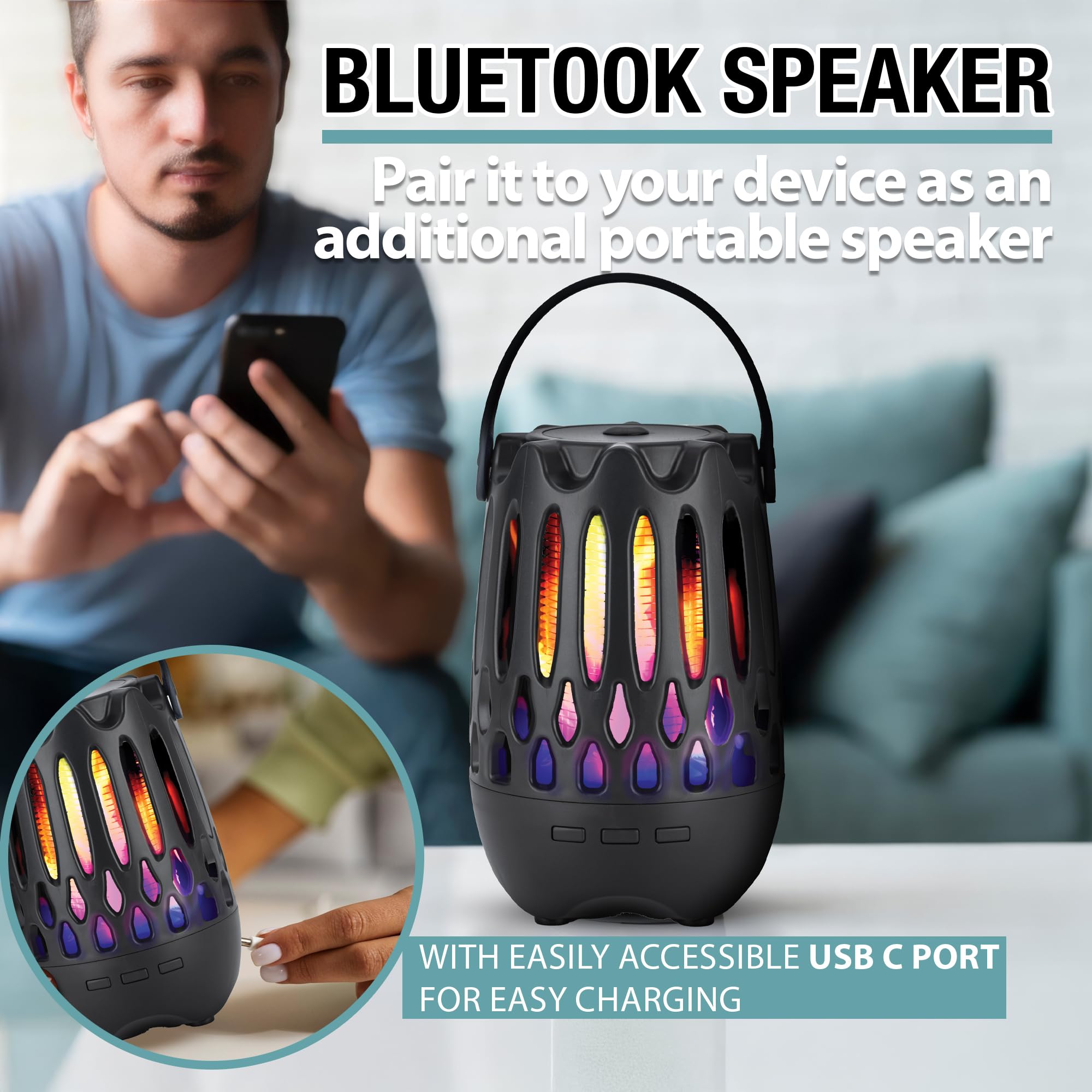 brookstone-uv-bug-zapper-flame-lantern-with-wireless-speaker-3-in-1-outdoor-indo image 5