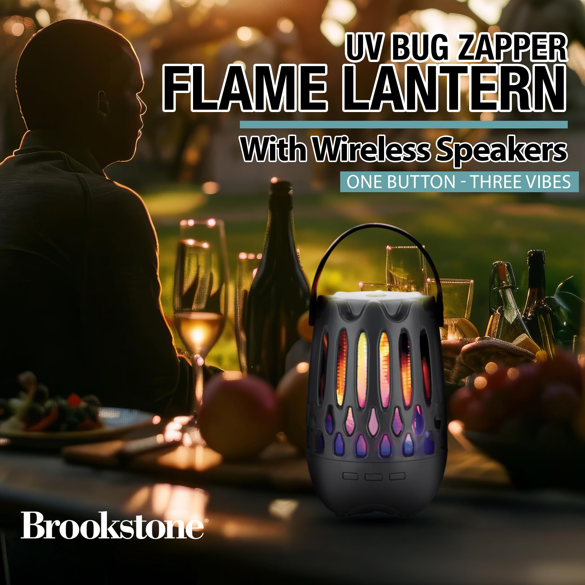 brookstone-uv-bug-zapper-flame-lantern-with-wireless-speaker-3-in-1-outdoor-indo image 2