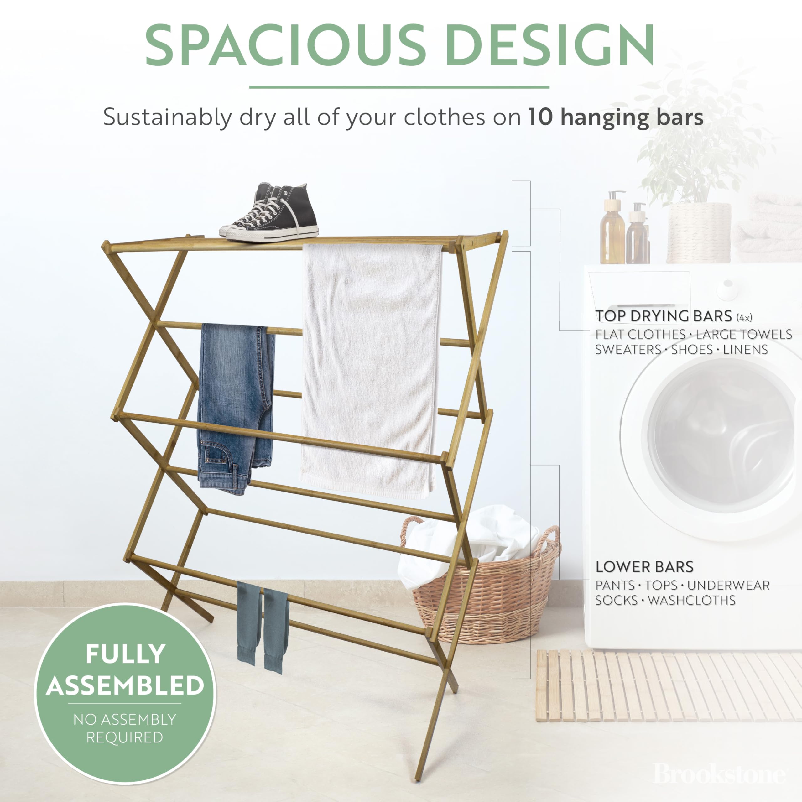 brookstone-eco-friendly-bamboo-drying-rack-collapsible-laundry-clothes-hanger-wi image 3