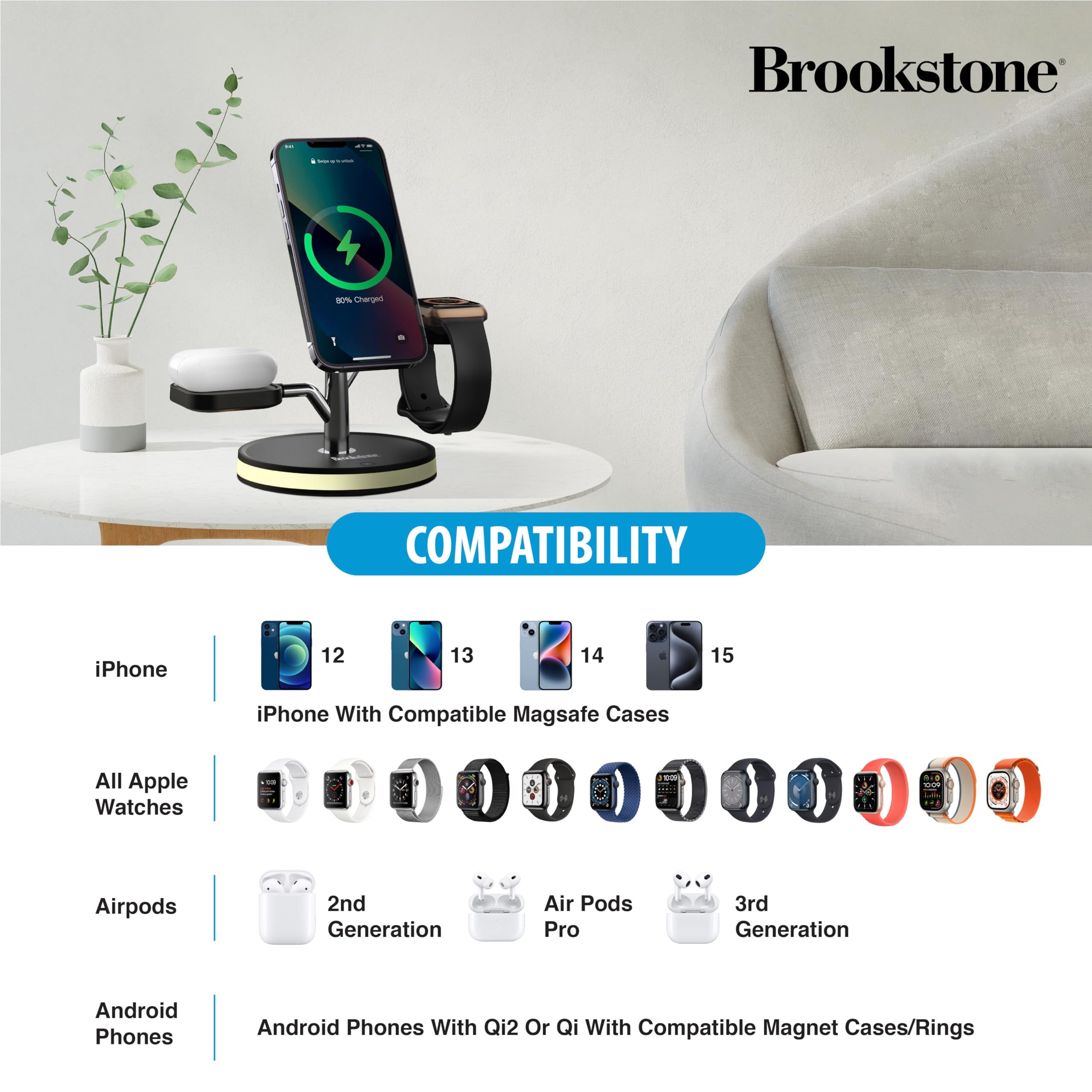 brookstone-3-in-1-wireless-charging-station-for-magsafe-fast-charges-iphone-appl image 3
